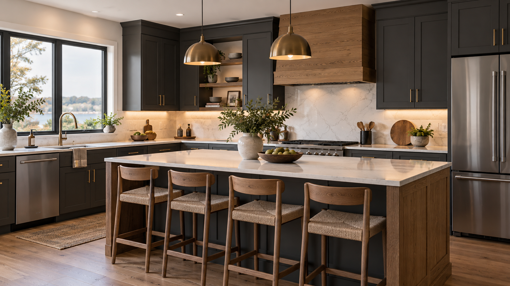 Modern kitchen design inspiration with charcoal cabinets and warm wood details