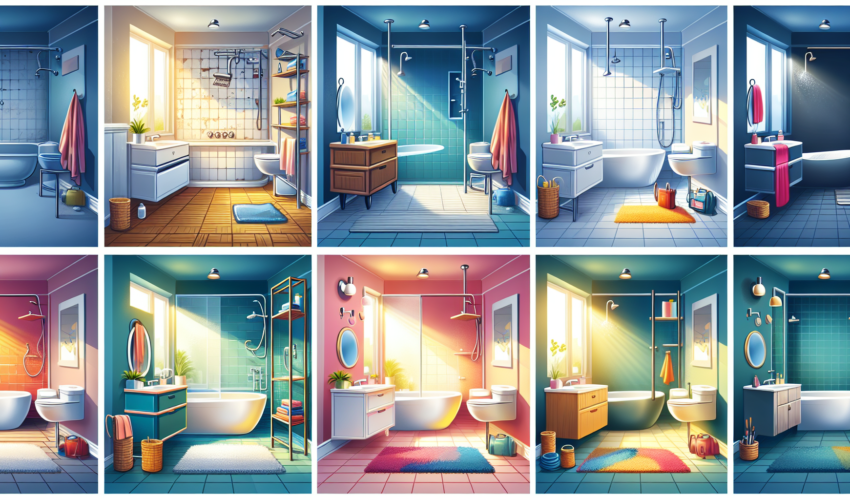 An illustration of a step-by-step guide to transforming a bathroom. Begin with an outdated, furnished bathroom with old fixtures, dated color mishmash. Then, showcase the empty room layout, bare with white walls and floors, ready for the renovation process. Progress by adding modern fixtures like a sleek sink, a walk-in shower, and a floating vanity, all portrayed in vibrant, modern colors. Conclude this progression with a final image of a beautifully remodeled, colorful and modern bathroom, radiant with sunlight from a small window, reflecting upon the new fixtures and walls.