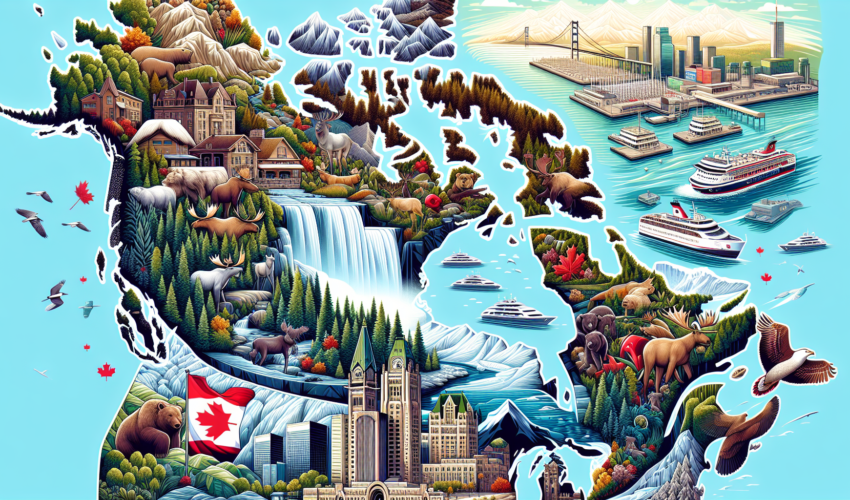 A detailed, modern illustration showing the richness and diversity of Canada. From the monumental Niagara falls to the shimmering icy landscapes of the Yukon. Capture the lush and pristine forests of British Columbia, the vibrant urban atmosphere of Toronto, the charming French-Canadian culture of Quebec. Also include the iconic Canadian wildlife like Moose, Beavers, and Polar bears. Fill the illustration with crisp, bright colors to enhance the sense of wonder, adventure, and discovery.