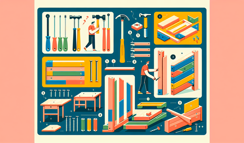 Conjure a modern, colorful illustration demonstrating easy furniture assembly steps. In the image, depict various tools such as a hammer, nails, screwdriver, and screws. There should be disassembled furniture parts, like wooden panels and screws, at the beginning. Follow with an intermediate step where a person, a Caucasian male, is connecting two pieces. Finish with the last panel showing the fully assembled, vibrant piece of furniture. Remember, the illustration should be entirely visual with no textual instructions.