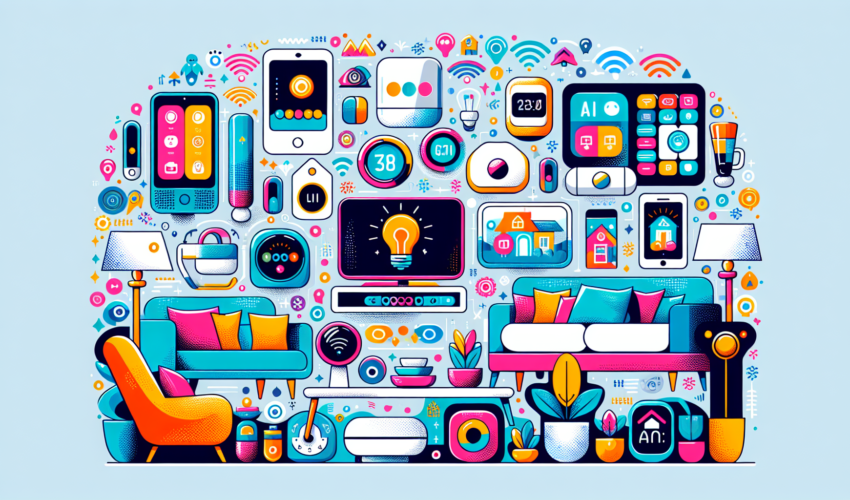 Create a colorful, modern illustrated guide on smart home devices for beginners. Picture a living room filled with different kinds of smart devices like an AI assistant, smart thermostat, smart lights, wifi router, and a smart TV, all in vibrant colors impressing upon the technological advancement of the present era. Do not include any text.