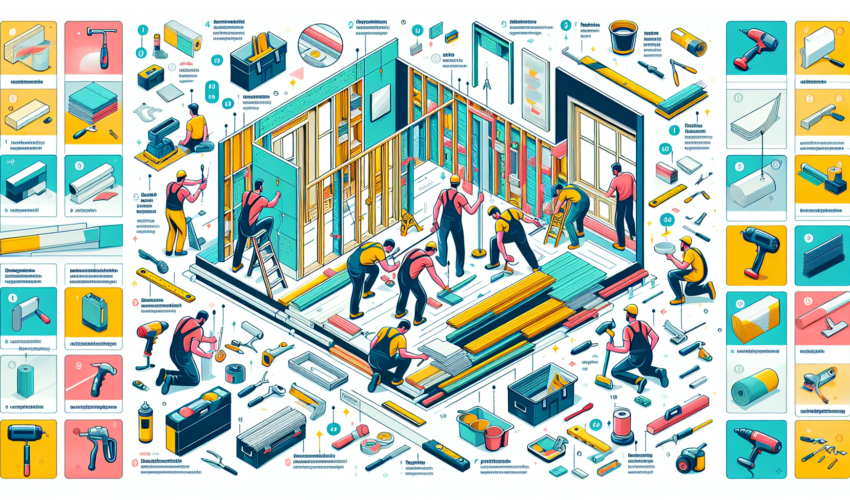 A detailed visual guide on drywall installation and repair. The illustration should be lively and vibrant, displaying accurately the various steps involved in the process in a contemporary and modern style. The guide includes tools and materials, preparation process, drywall installation, and repair techniques. No written instructions, no text just pure illustration. Everything is in color, with each action or step delineated using a distinct, eye-catching color.