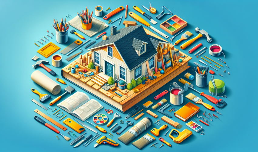 Create a visually striking, modern-style cover for a book titled 'Essential Guide to Home Renovations'. The image should be purely illustrative, with no text. The scene should be vibrantly colored and depict various tools and materials commonly associated with home renovation. This could include items like hammers, paint brushes, saws, nails, wood planks, paint cans, blueprints, etc. Also show a house under renovation in the background, evidence of transformation should be noticeable. The overall mood of the imagery should be positive and inviting, reflecting the enthusiasm and creativity that goes into renovating a house.