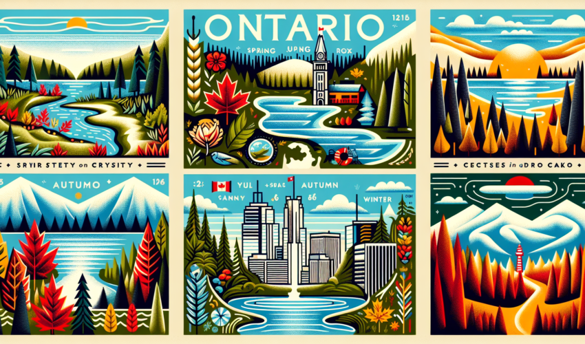 A carefully crafted illustration showcasing the diverse landscapes of Ontario, Canada. The artwork should display various features unique to the province such as swaths of forest, sprawling urban landscapes, pristine lakes, and majestic peaks. The style should be upbeat and contemporary, utilizing a vibrant and lively color palette. The seasons should showcase Ontario's variety, with spring's fresh bloom, summer's vibrant green, autumn's fiery colors, and winter's snowy tranquility. Please ignore the text part and focus on the visual aspects only.