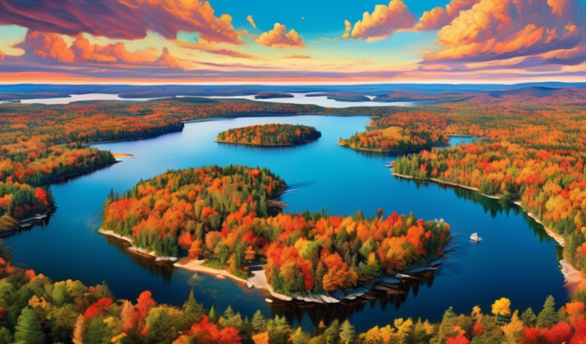 A breathtaking aerial panorama showcasing the diverse landscapes of Ontario, Canada, including the vibrant city skyline of Toronto, the serene beauty of the Muskoka lakes, and the rugged wilderness of Algonquin Provincial Park, all harmoniously united in one expansive, vividly coloured image.