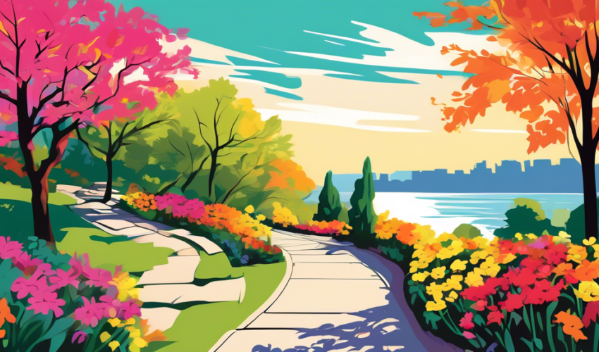 Create an idyllic image of a sunlit pathway leading through Montebello Park in St. Catharines, with vibrant flowers in full bloom on either side, and the distant silhouette of the Niagara Escarpment in the background.