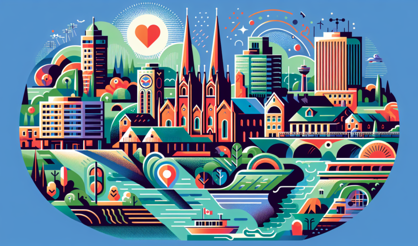 Create a vibrant and modern illustration that represents the exploration of St. Catharines, known as the heart of Niagara Region. Image should primarily includes architectural elements such as buildings, landmarks, rivers, and natural landscapes like parks. Feel free to incorporate symbols that represent the region's heart, history, and cultural richness. Please exclude any text or labels from the image.