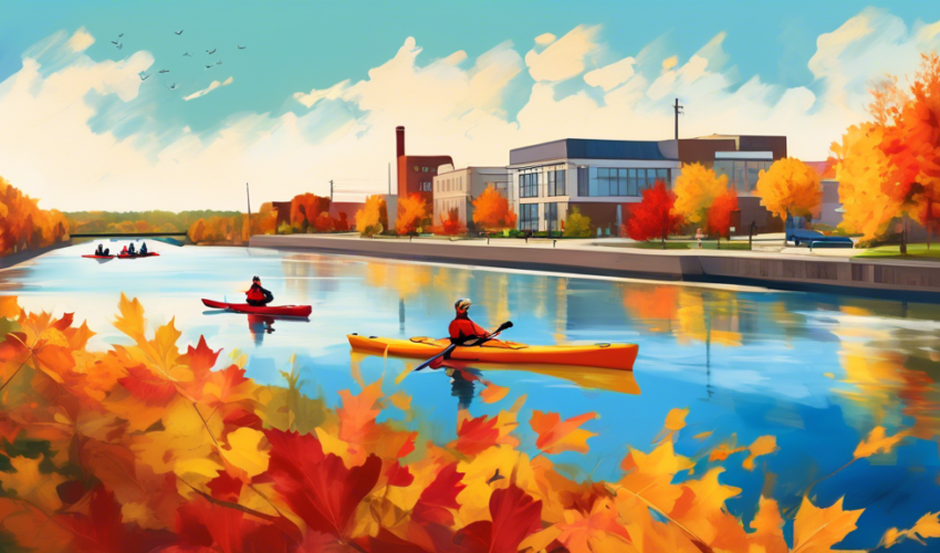 Create an enchanting digital painting that illustrates the serene beauty of the Welland Canal surrounded by vibrant fall foliage, with people leisurely kayaking in the foreground, set against a backdrop of the quaint town of Welland, Ontario, under a clear blue sky.