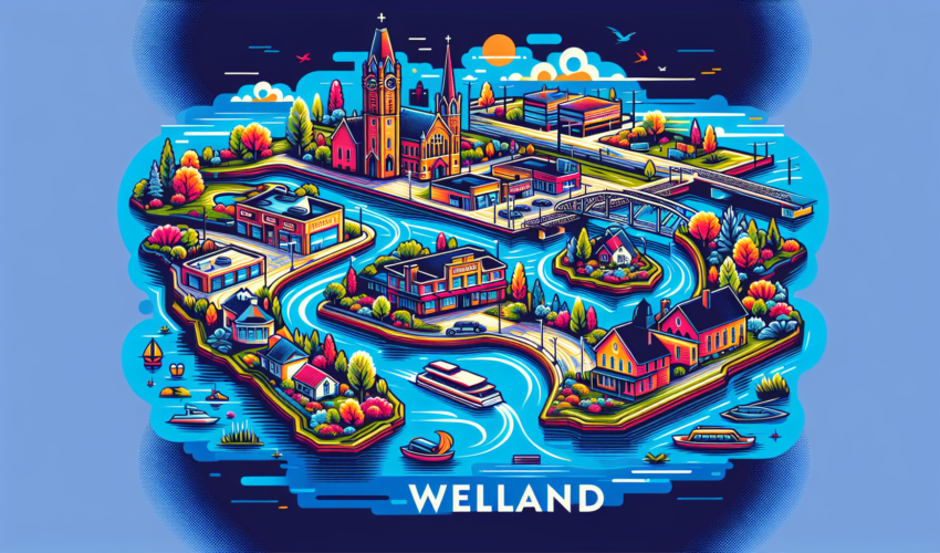 Create a vibrant, modern illustration of Welland, a town in Ontario. The depiction should emphasize its unique charm and hidden gems. Include elements such as the Welland Canal, Merritt Island, the downtown area and the beautiful parks, all rendered in bright, vivid colors. Please do not include any words in the image.
