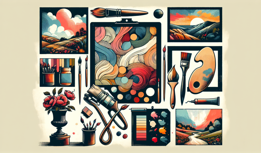 Create a visual exploration showcasing different painting techniques and inspirations. The image should only contain illustrations, without any text. Emphasize on a diverse range of color schemes and modern interpretations of classic styles. It could include depictions of brushes sweeping across canvases, palette knives sculpting textures, and samples of different color palettes. Through these illustrations, evoke the spirit of creativity, innovation, and the exciting journey of artistic discovery.