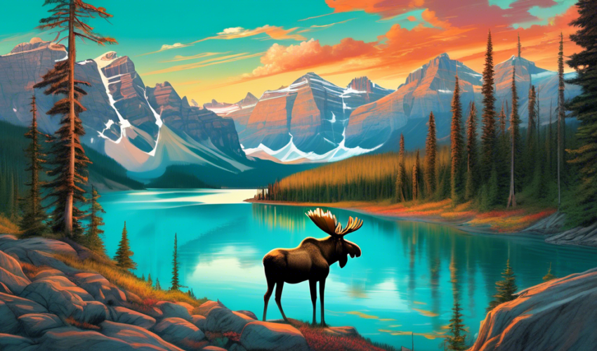 A breathtaking panorama of the Canadian Rocky Mountains at sunset, with a clear turquoise lake in the foreground, dense pine forests, and a pair of majestic moose grazing peacefully.