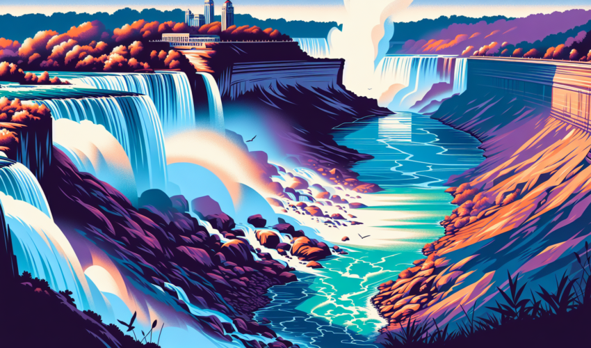 Create an illustration of the majestic Niagara Falls. The image should be void of any text and focus on the natural beauty of the cascading water against the cliffs. Let the colors be vibrant and impactful against the surrounding landscapes, giving a contemporary, bold vibrance to the scene. Incorporate small details that hint at movement and the continuous rush of water. Use soft shadows to emphasize depth. The style should be modern, but still grounded in the physical reality of the landscape.