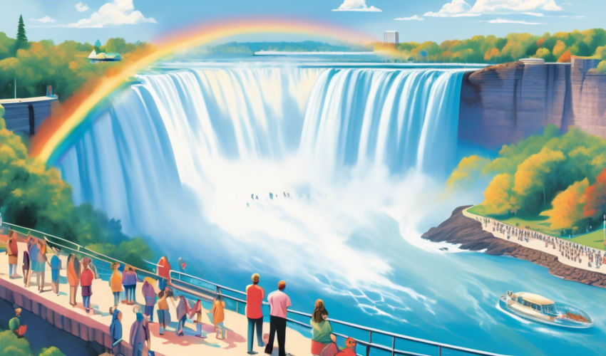 An illustrated travel guide cover featuring tourists in awe at the majestic Niagara Falls under a clear blue sky, with rainbows and mist swirling around.