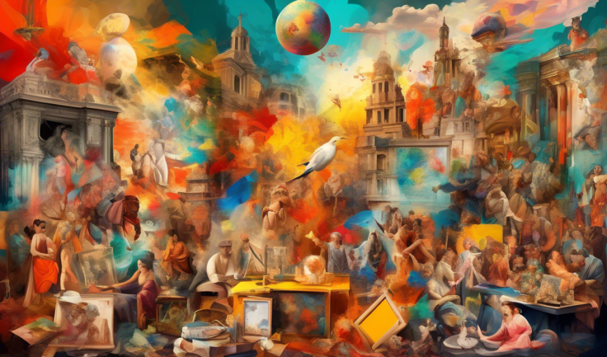 A vibrant digital painting showcasing a collage of different iconic painting techniques and styles throughout history, from ancient frescoes to modern abstract art, with famous artists from various eras collaborating on a grand canvas in a timeless studio setting.
