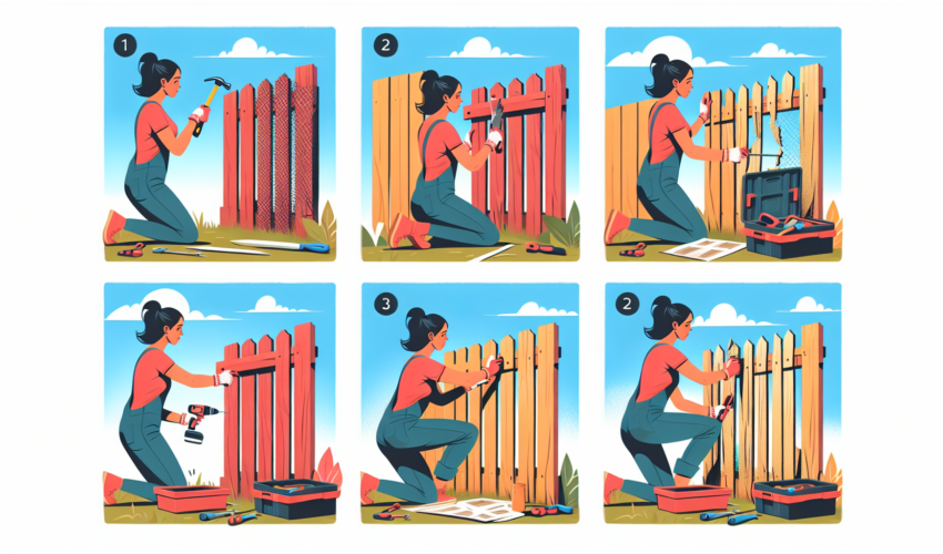 An instructional image guide in bright and contemporary style, presenting a step by step process for fence installation and repair. In the starting frame, show a person of Hispanic descent, female, inspecting a damaged wooden fence with tools in her hand. The middle frame illustrates the same individual repairing the fence with different tools. The final frame showcases her, completing the repair successfully and examining the now sturdy fence. The colors in the image should be vibrant and engaging, creating an air of modernity, while the style should be clear and instructional, appealing to beginners' understanding.