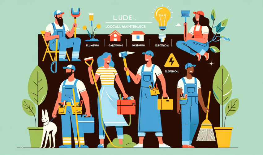 Illustrate a modern, colorful image representing a guide to finding local maintenance services. It should depict different types of maintenance work, such as plumbing, gardening, electrical, and house cleaning. Distribute workers evenly in the picture, showcasing their diversity. Have a Hispanic female plumber carrying a tool box, a Middle-Eastern male gardener with a shovel, a Caucasian female electrician holding a light bulb, and a Black male worker with a broom indicating house cleaning. The image should effectively communicate its aim even without words.