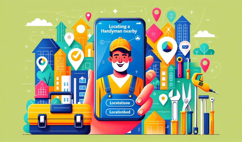 Create a bright and contemporary illustrated guide on locating a handyman nearby. The image should be without text and should emphasize modern visual aesthetics. Perhaps include a vibrant colored city with location markers showing possible handyman locations, a smartphone with location-based apps, and a tool box with common handyman tools. Remember to create a general handyman character of South Asian descent.