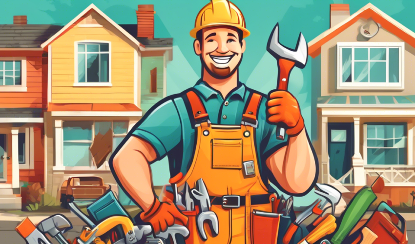 An illustrated digital poster showing a cheerful and professional handyman with a tool belt filled with tools, giving a thumbs-up, surrounded by a variety of home repair icons like a hammer, paintbrush, and wrench, with a soft, welcoming neighborhood in the background.