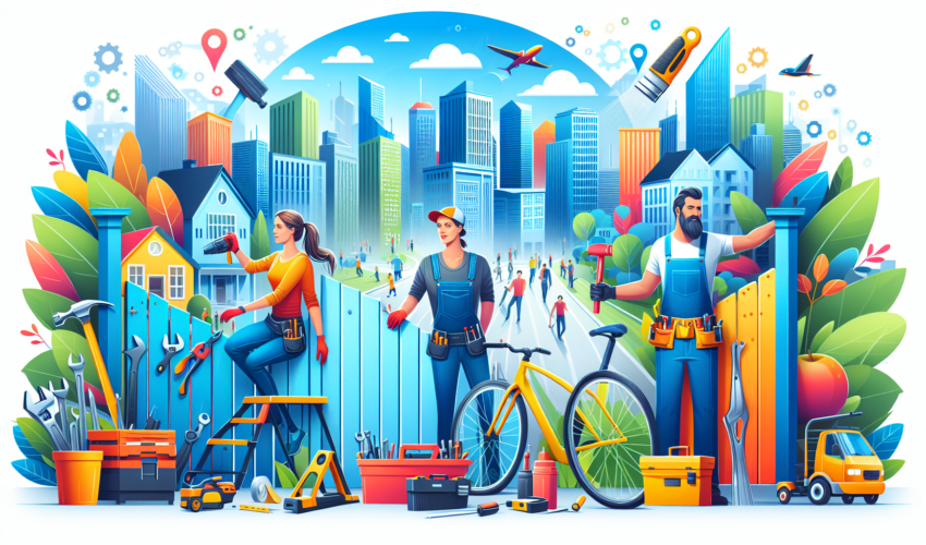 Create an image where a modern and colorful cityscape forms the backdrop. It's bustling with people going about their day, emanating a sense of vibrant energy. To the right, you see a Caucasian handywoman with brown hair, dressed in a shirt with tool belt, actively engaged in fixing a blue wooden fence, showcasing her skills. Nearby, a South Asian handyman with a beard and a cap, dressed in a denim overall, is fixing a yellow bicycle, demonstrating his multi-functional utility. There are various home repair tools scattered around. This image represents the theme 'Finding a Reliable Handyman Near You' without any text.