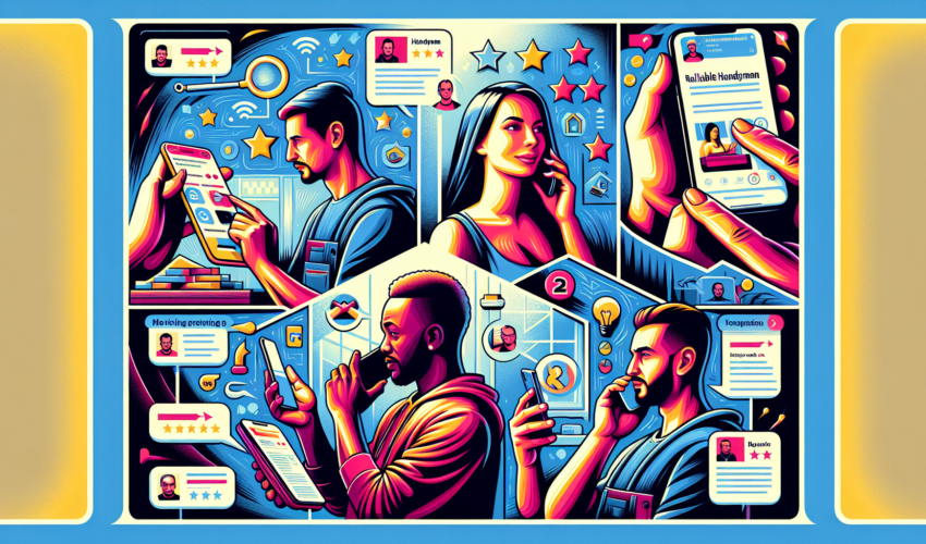 An informative yet visually striking illustration that exhibits the process of locating a reliable handyman. This picture, established in a contemporary and buoyant art style, contains a series of panels. The first panel portrays a Caucasian woman searching for a handyman online, the second panel shows a Black man reading reviews and ratings on a mobile application, the last panel entails a Middle-Eastern man making a phone call, probably to the handyman. The illustration should be bathed in bright and vibrant colors, echoing a modern design without any textual explanations.