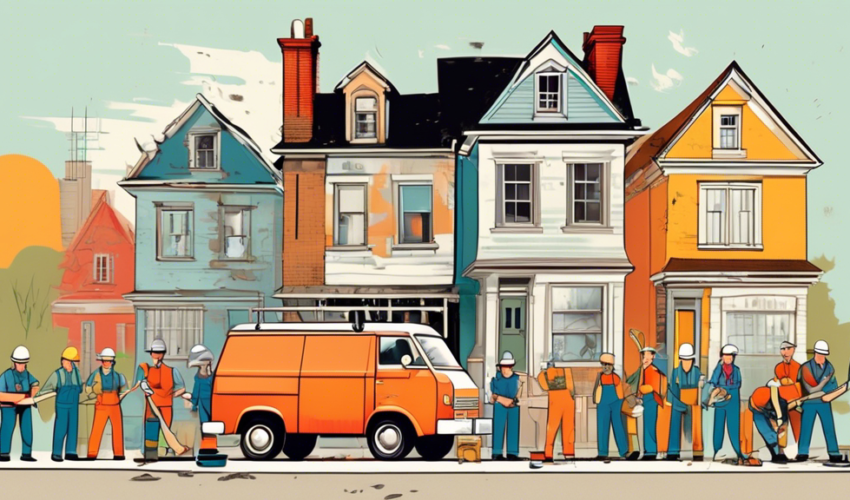 A charming, half-renovated vintage house, with one side modern and pristine and the other showing old, peeling paint - set against the backdrop of a bustling neighborhood of similar homes, with a friendly team of diverse workers wearing hard hats and holding tools, all gathered around a van labeled 'Best Renovation Services' parked in the driveway.