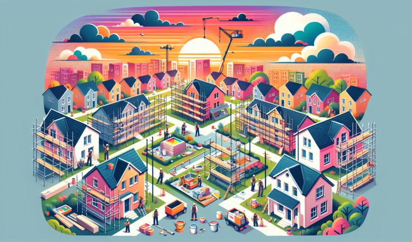 Create a modern and colorful illustration showcasing a panorama of a residential area in mid-renovation. Show houses at different stages of refurbishment, some with scaffolding surrounding them and workers actively involved in the renovation process. A vibrant sunset sky should hover over the scene, adding a warm, cheerful, and lively ambience. Include elements common to renovation services such as construction equipment, paint buckets, ladders, and construction workers - with balanced gender and racial representation - diligently working.