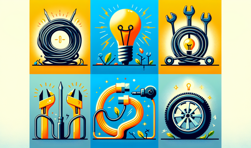 Create a vivid and modern illustration that symbolizes easy solutions to common problems. This should be a visual representation without any words. The design should focus on showing common problems such as a tangled wire, a clogged pipe, a flat tire, or a broken lightbulb. Alongside each problem, illustrate a simple and effective solution like a neatly coiled wire, a plumber's wrench, a tire inflator, or a new lightbulb. Use bright and engaging colors to emphasize the modernity of the solutions and the effectiveness of these common fixes.