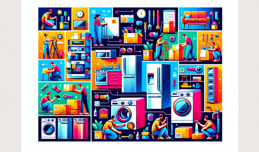 A vibrant and modern illustration guide displaying various stages of appliance installation and repair. The image should depict diverse scenes like the unpacking of an appliance from its crate, the step-by-step process of proper installation of the appliance - maybe a fridge, stove, or washing machine. It should also include troubleshooting scenarios and demonstrating safe repair methods; for instance, resolving an issue with stove burners or fixing a leaky washing machine. The illustration should be colorful and appealing yet authoritative and instructive, and should emphasize a methodical, safe, and effective approach to appliance installation and repair.