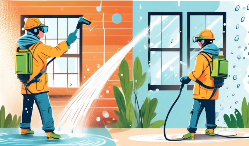 An illustration of a person wearing safety goggles and gloves, efficiently using a high-pressure washer on a sunlit home exterior, with animated water droplets and clean versus dirty comparison visuals, encapsulating effective tips and techniques.