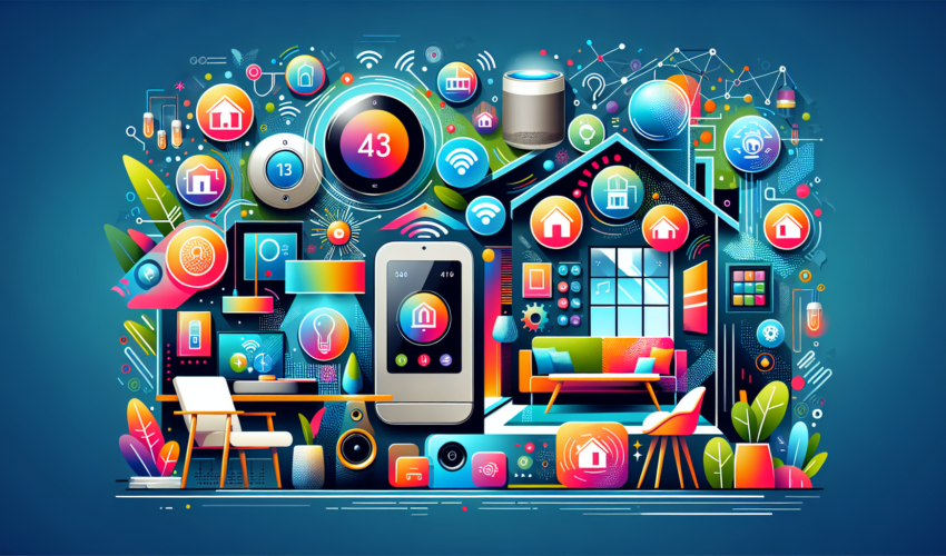 Create an image showcasing a modern, colorful illustration representing a guide to smart home devices. This should depict a variety of home devices such as thermostats, smart speakers, smart lighting, and smart appliances working in harmony in a contemporary home setting. The artwork should be vibrant, demonstrating the interconnectedness of all these devices for convenient and advanced living, highlighting the enhanced living space. No text or words should be present in the image, let the visual narrative tell the story of smart home technology.