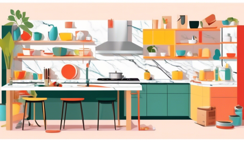 A bright and modern kitchen undergoing a transformation with workers installing new cabinets and a marble countertop, showcasing a perfect blend of functionality and style, with a 'Guide to Successful Home Renovations' book prominently displayed on the counter.