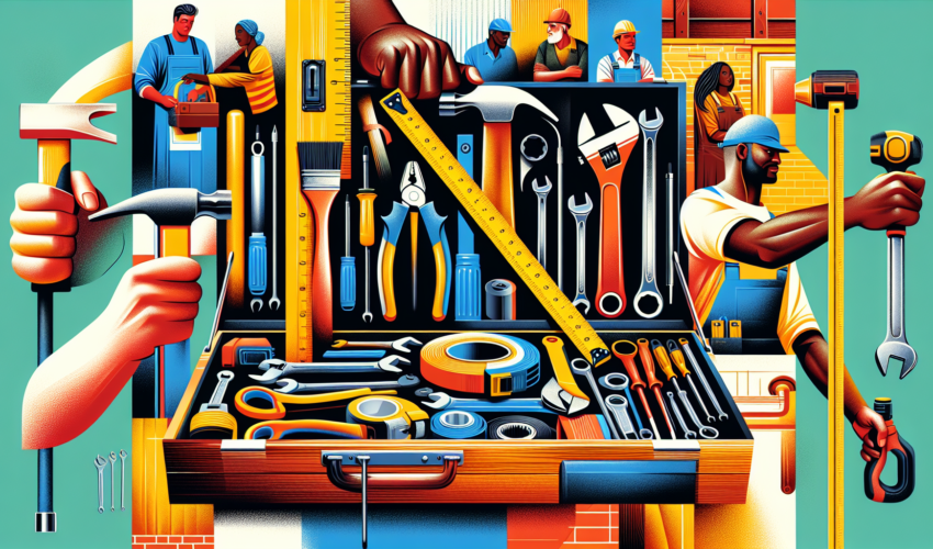 A vivid and contemporary illustration showcasing essential tools that every handyman would need. Imagine an organized toolbox revealing items such as a hammer, screwdriver, wrench, tape measure, and pliers. In the background, could be a display of a variety of handyman skills being put to use, perhaps fixing wooden furniture or a leaking pipe. An African handyman would be utilizing a hammer, an Asian handyman might be holding a wrench, a Caucasian individual might be measuring with a measuring tape, and a Middle Eastern woman could be turning a screwdriver, each person exemplifying expertise in DIY maintenance tasks.