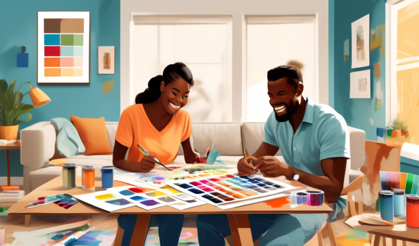 DALL-E, create an image of a cheerful couple looking at color swatches and design plans spread across a table in a partially renovated living room, with paint cans and tools visible, showcasing the beginning of a home remodeling journey.