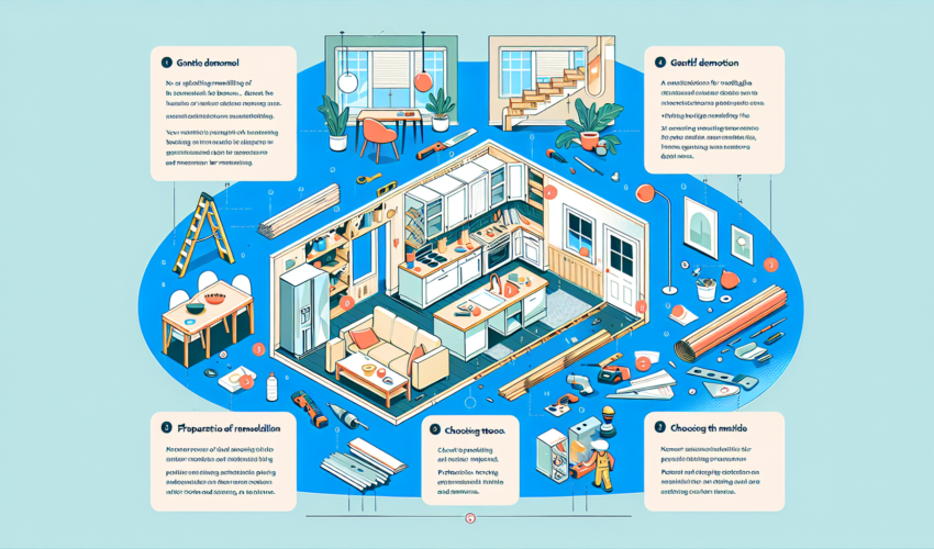 An illustrative guide showcasing the basics of home remodeling for beginners. The image to encapsulate a series of actions - a gentle demolition of a residential interior like a kitchen or living room, the preparation of the room for remodelling including protection of furniture and appliances, choosing the right tools and materials, and finally, the assembly and installation of new fixtures and finishes. Add visual cues to indicate the sequential order of actions. Style should be colorful and modern. No text should be included in the image.