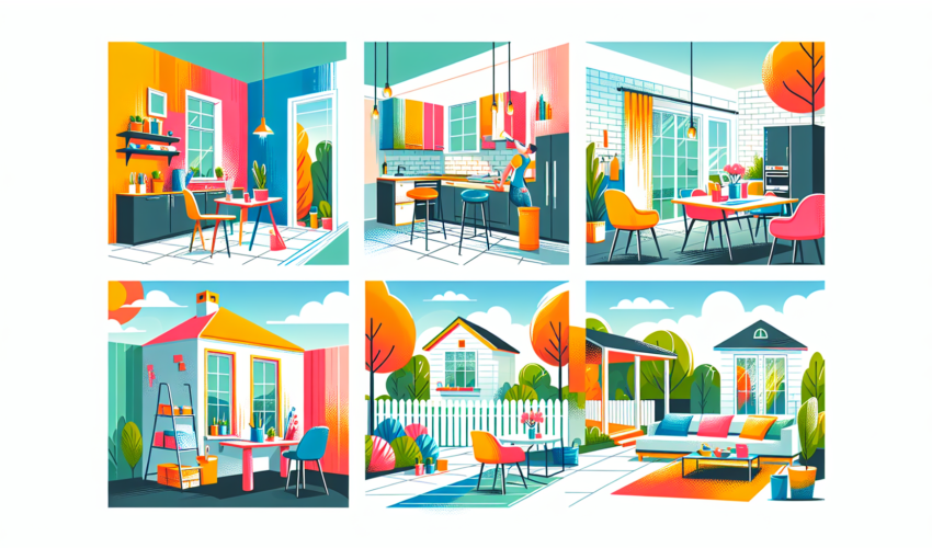 Illustrate a colorful and modern guide to home renovations for beginners. No words allowed in the image. In the frame, depict different stages of home renovation happening at once. Show a room in the process of getting painted with vibrant colors, a kitchen getting fitted with contemporary appliances, a backyard getting updated with a stylish outdoor setting, and a living room getting installed with modern furniture pieces. All these pictorial instructions should be presented in an easy-to-understand manner suitable for beginners.