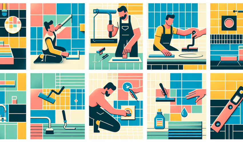 A colorful and modern illustration encapsulating the process of tile installation and repair for beginners. From the left, portray the preliminary step of preparing a clean flat surface, followed by the careful measurement and cutting of tiles. In the next step, show a person spreading adhesive on the back of a tile using a notched trowel, then placing the tile on the wall. Display the use of a rubber mallet for adjustment and a tile spacer for maintaining gaps. Finally, depict the grouting process, showcasing the careful application and cleaning of the grout to finish the process.