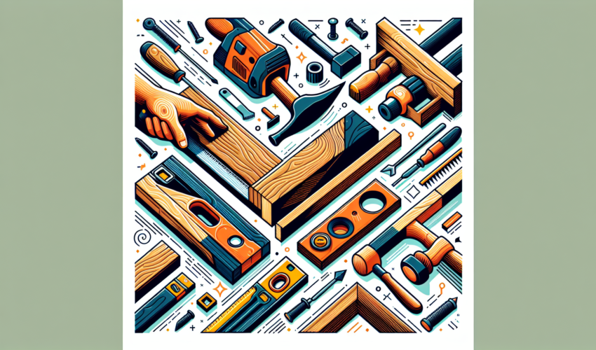 Create a detailed and colorful illustration showcasing the mastery of carpentry. Include various tools commonly used in the craft, such as a hammer, saw, chisel, screwdriver, and level. Show these tools being used on wood to create a piece of furniture, demonstrating various techniques such as cutting, carving, and assembling. Design highlighting modern aesthetic trends for a fresh and current touch.