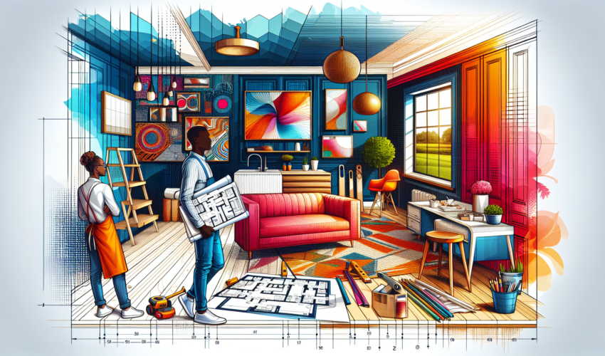 A vibrant digital illustration representing the process of revamping spaces. The image showcases the work of a hypothetical architectural firm, similar to 'Lumina Renovations Inc.' but not named. Convey a modern aesthetic in the image with a vision of a room in the middle of a remodeling process, with freshly painted walls in fashionable colors, state-of-the-art furniture pieces waiting to be placed neatly, and construction tools scattered around. Also, include the architectural plans held by a stylish male architect of East Asian descent, and a confident female project manager of African descent directing the work.