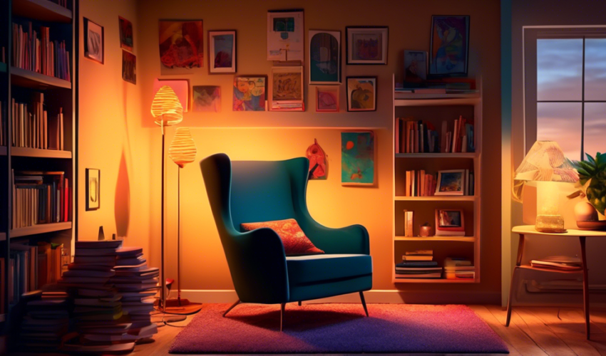 A cozy, well-lit reading nook with a comfortable chair, a stack of books, and various lighting sources including a floor lamp, table lamp, and wall sconces, illustrating essential lighting principles and their effects on ambiance.