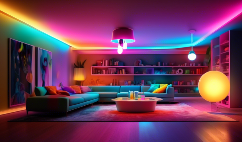 An array of colorful LED lights illuminating a modern living room, showcasing different brightness levels and colors, with a focus on an opened LED bulb structure revealing its inner components in the forefront