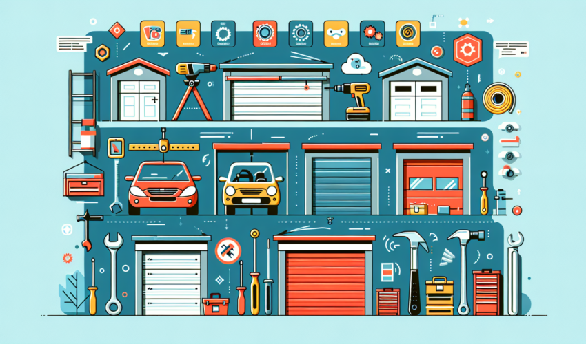 Create a modern, colorful illustration showcasing the solutions to some common garage door problems. The scene should include a concise set of tools typically used in garage door repairs. Display diverse garage door designs to represent various common issues. Each door should have a clear visual sign of a particular issue and a visual representation of the solution next to it. No text should be included in this image.