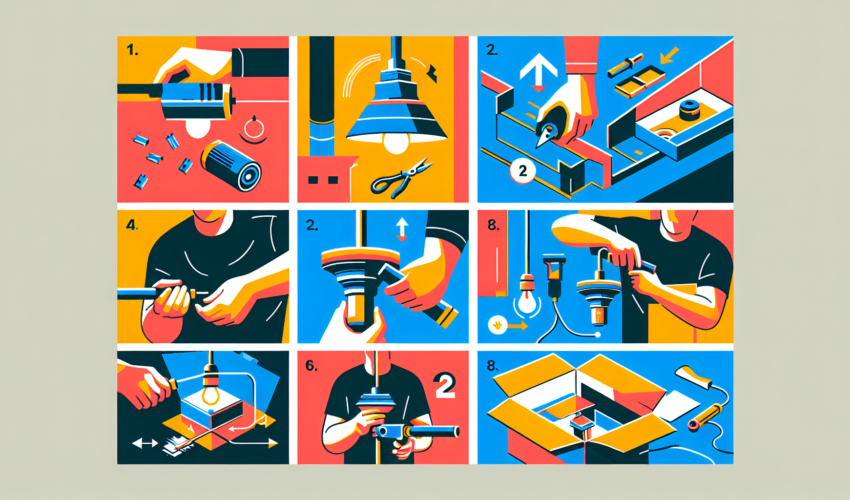 Create an image showcasing a step-by-step guide to installing a fixture. The guide should be completely visual with no written instructions. Make sure the colors used in the illustration are vivid and modern, and the style should be contemporary. The image series should include the process of unboxing the fixture to the final stages of fitting it and ensuring it's working correctly.