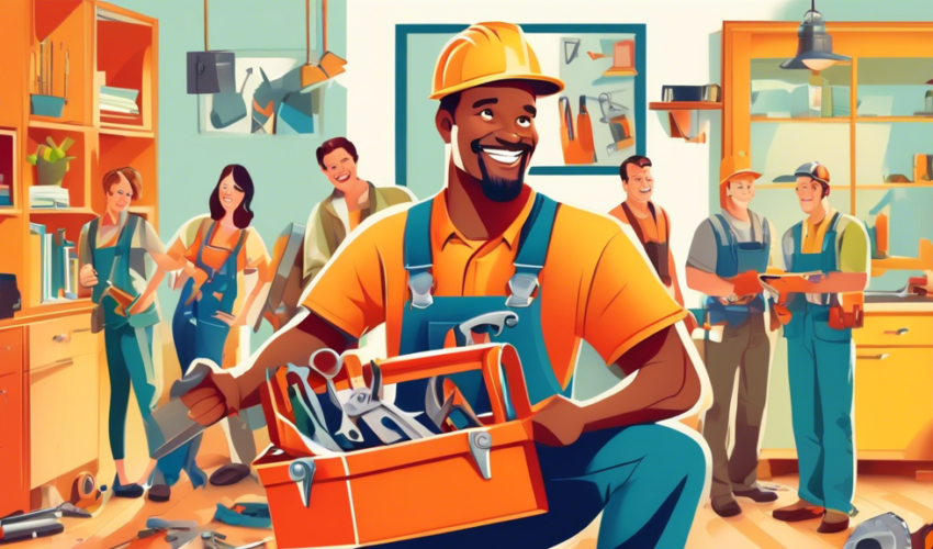 A colorful and engaging illustration of a friendly, professional handyman holding a toolbox, surrounded by various tools, with happy homeowners consulting a guidebook in the background.
