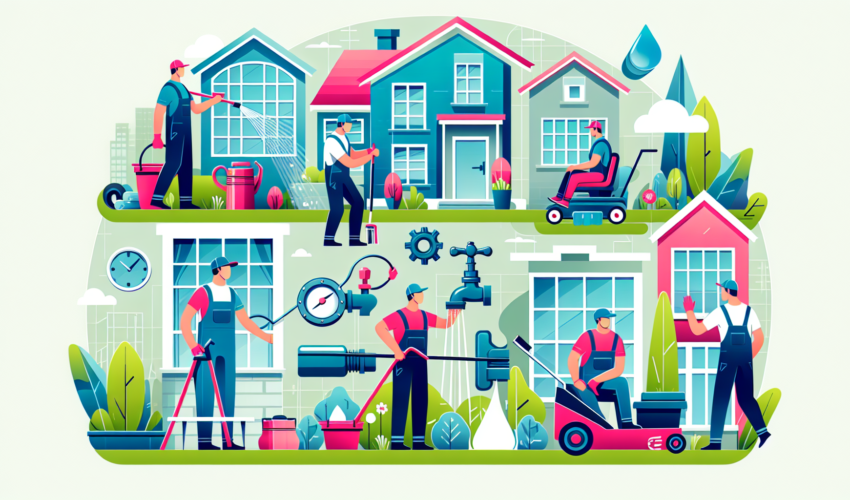 Create a modern and colorful illustration portraying various aspects of property maintenance. Include elements such as a person mowing the lawn, another person washing the windows, and yet another repairing a leaky faucet. All people should be dressed in corresponding worker's outfits and should represent different genders and descents. The buildings included in the scene should be of different architectural styles to represent the diversity in properties. Ensure the colors used are vibrant and give a lively vibe to the illustration.