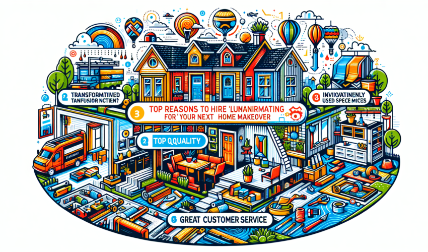A detailed colorful and modern illustration representing the top reasons to hire 'Lumina Renovations Inc.' for your next home makeover. The illustration may include elements like houses transformed into beautiful homes, innovatively used spaces, precise workmanship, materials and tools hinting towards top quality and dedication, before-and-after scenes of rooms, an environment-friendly mindset, great customer service, and a team that works together. Remember to use bright colors to highlight the transformative and energetic aspect of the company.