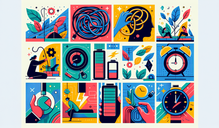 Create an illustration depicting various scenes that symbolize common issues and their solutions. The scenes should be contemporary in style and filled with vibrant, modern colors. The illustration should not contain any words, instead it should visually tell the story. The issues can be represented with abstract concepts like a tangled cord for complexities, a half-full battery for lack of energy, a paused clock for time management, whereas solutions can be symbolized with untangled cord, full battery, and a ticking clock.