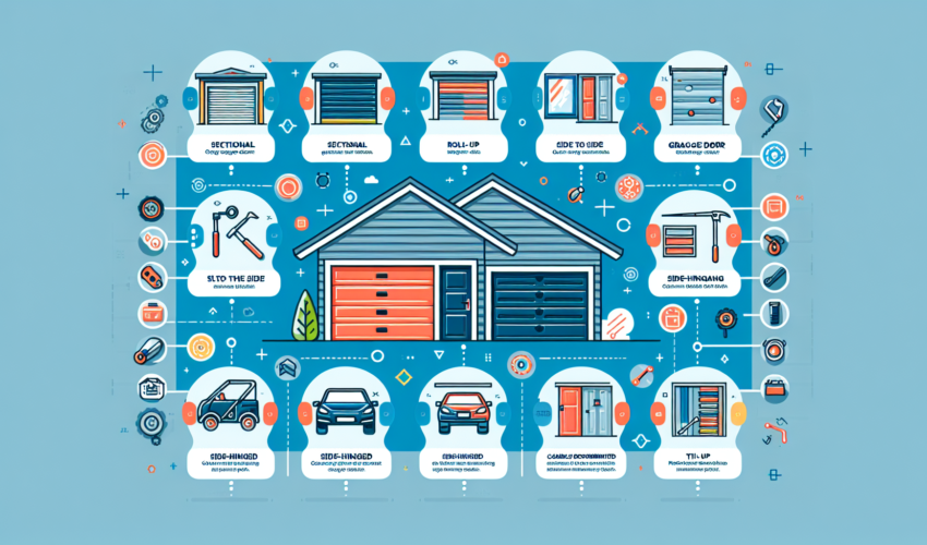 Create a vibrant and modern graphic explaining the basics of garage door types and maintenance tips without any text. The image should visually depict different types of garage doors such as sectional, roll-up, slide to the side, side-hinged, and tilt-up, as well as illustrate some commonly recommended maintenance tasks. Please incorporate color coding, symbols or diagrams to represent the different types and tasks.