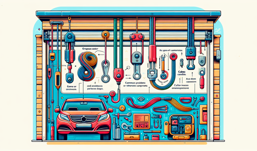 A vivid and contemporary visual guide explaining garage door cables. The guide should be entirely illustrative with no textual information. The first part of the illustration should showcase various types of garage door cables, both interior and exterior views. Next, demonstrate how the cables work in tandem with other components to raise and lower the garage door. The final part can include common problems or issues that can occur with the cables and hints to troubleshoot these. Ensure the colors used are bright and modern, creating a visually pleasing and instructive graphic.