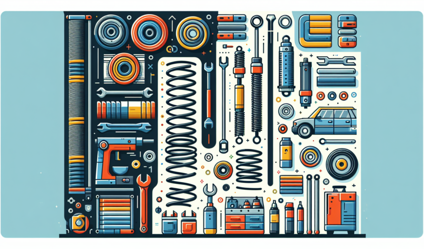 Create a colorful and modern illustration that showcases the different types of garage door springs and provides maintenance tips. The illustration should feature items like coiled springs, torsion springs, and extension springs, along with a variety of garage door parts. Additionally, it should include visual tips on proper maintenance procedures such as lubricating the springs, checking for wear and tear, and ensuring springs are properly adjusted. Remember, the illustration will be purely visual with no text descriptions.