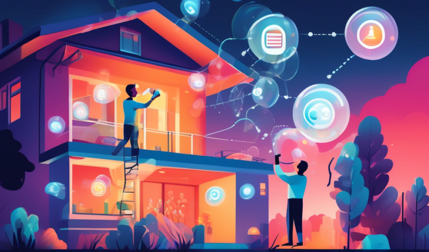 Illustration of an animated person installing a motion sensor light on a house's exterior at dusk, with zoom-in bubbles showing the sensor detecting movement and the circuitry inside, all surrounded by icons representing safety, energy efficiency, and convenience.